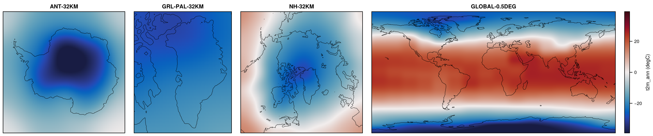 Paleoclimate-CLIMBER3a-lgm_1p7weak on ANT-32KM, GRL-PAL-32KM, NH-32KM, GLOBAL-0.5DEG: t2m_ann.
