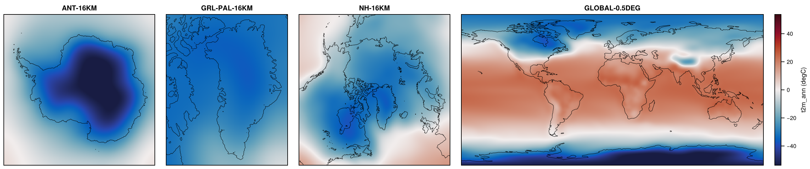 Paleoclimate-PMIP3-MIROC-ESM-lgm on ANT-16KM, GRL-PAL-16KM, NH-16KM, GLOBAL-0.5DEG: t2m_ann.