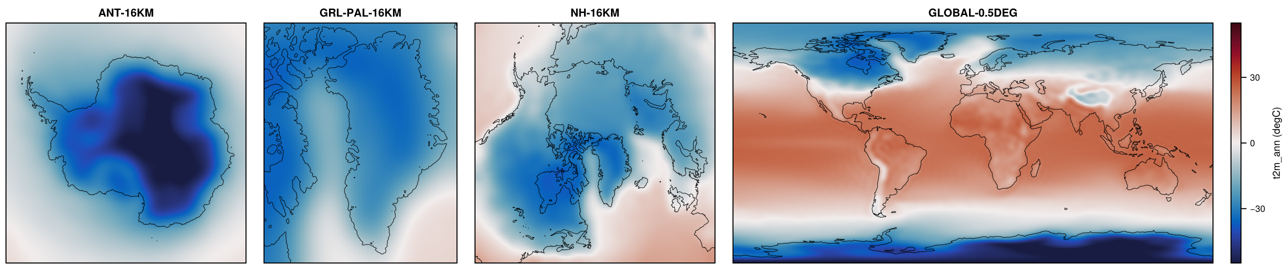 Paleoclimate-PMIP4-MPI-ESM1-2-LR-lgm on ANT-16KM, GRL-PAL-16KM, NH-16KM, GLOBAL-0.5DEG: t2m_ann.