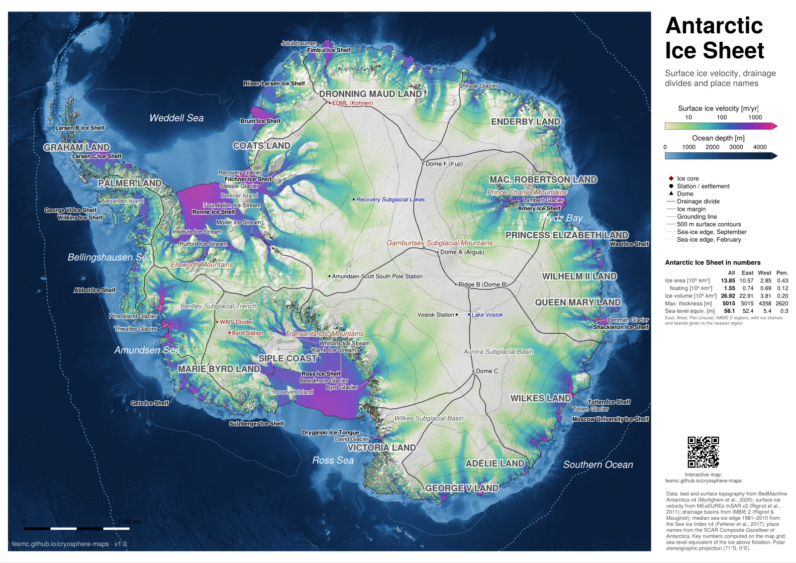 Antarctica: ice velocity, dark ocean