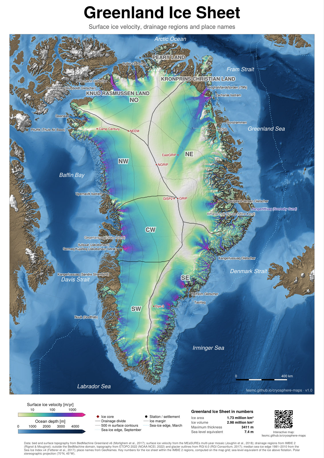 Greenland: ice velocity, dark ocean